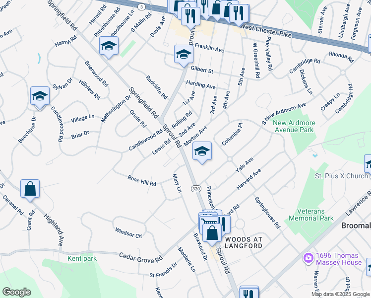 map of restaurants, bars, coffee shops, grocery stores, and more near 2235 Sproul Road in Broomall