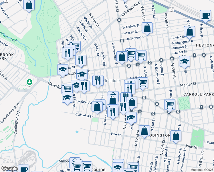 map of restaurants, bars, coffee shops, grocery stores, and more near 624 Marlyn Road in Philadelphia
