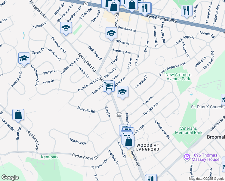 map of restaurants, bars, coffee shops, grocery stores, and more near 2235 Sproul Road in Broomall