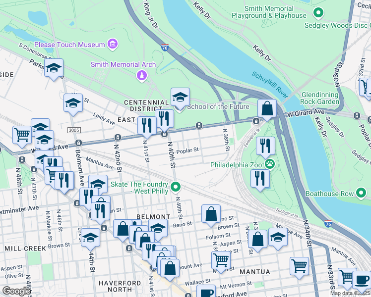 map of restaurants, bars, coffee shops, grocery stores, and more near 1105 Union Street in Philadelphia