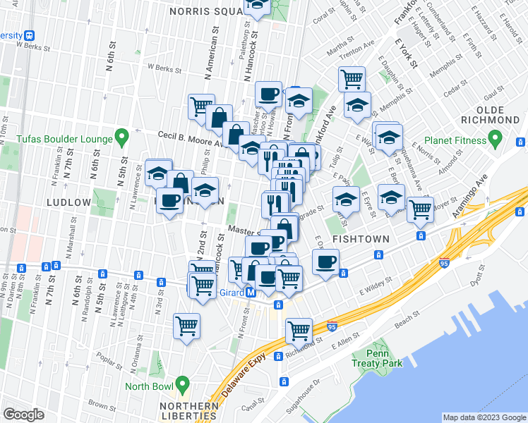 map of restaurants, bars, coffee shops, grocery stores, and more near 106 West Jefferson Street in Philadelphia