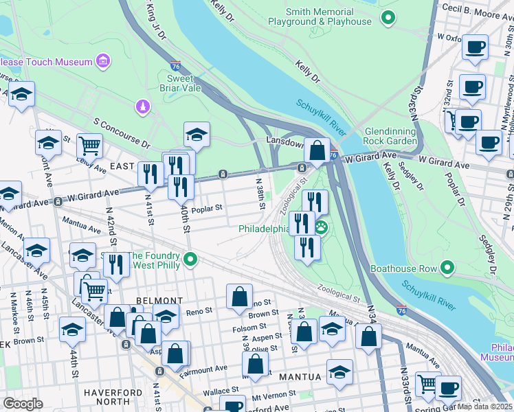 map of restaurants, bars, coffee shops, grocery stores, and more near 3806 Poplar Street in Philadelphia