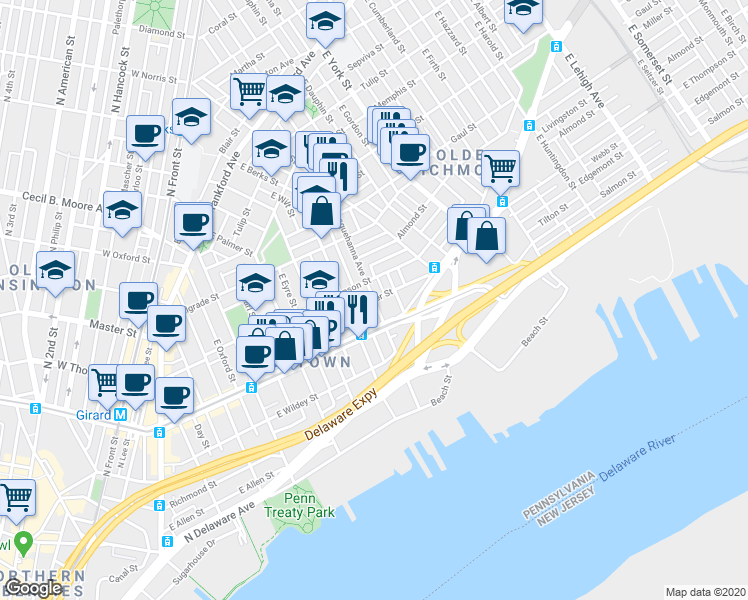 map of restaurants, bars, coffee shops, grocery stores, and more near East Susquehanna Avenue & Moyer Street in Philadelphia