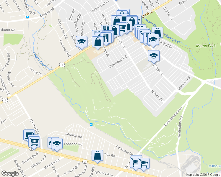 map of restaurants, bars, coffee shops, grocery stores, and more near 1612 Ashurst Road in Philadelphia