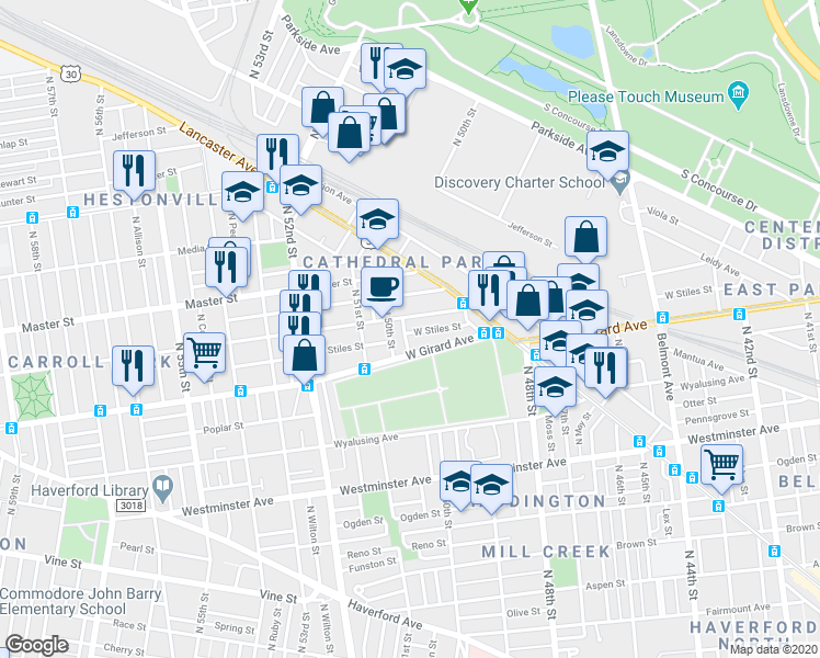 map of restaurants, bars, coffee shops, grocery stores, and more near 4987 West Stiles Street in Philadelphia