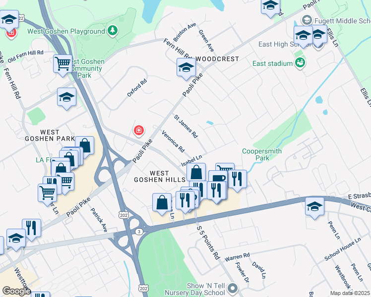 map of restaurants, bars, coffee shops, grocery stores, and more near 335 Veronica Road in West Chester