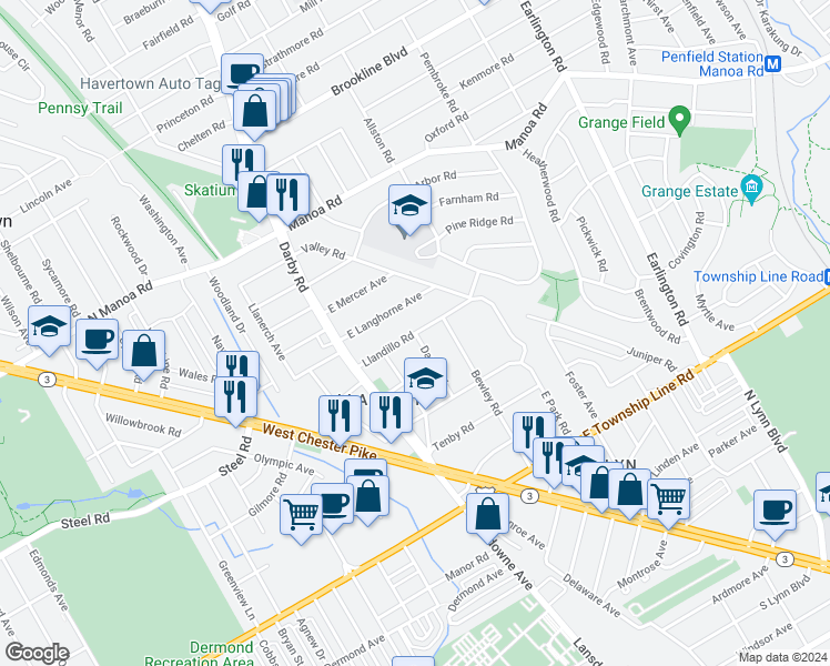 map of restaurants, bars, coffee shops, grocery stores, and more near Llandillo Road in Delaware County