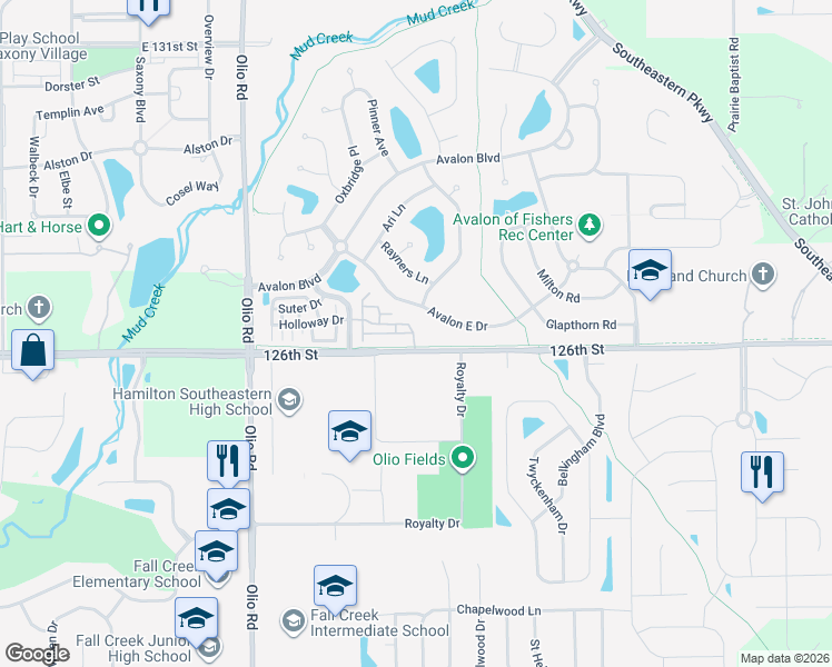 map of restaurants, bars, coffee shops, grocery stores, and more near 14041 Avalon East Drive in Fishers