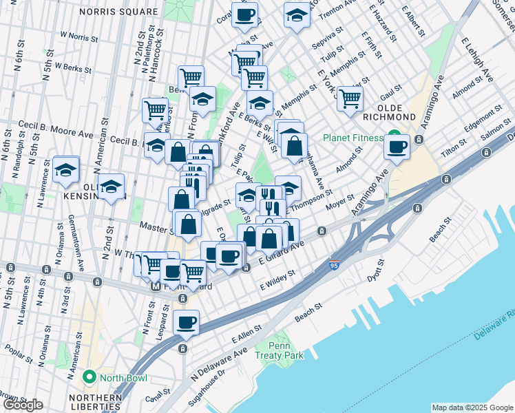 map of restaurants, bars, coffee shops, grocery stores, and more near 444 Belgrade Street in Philadelphia