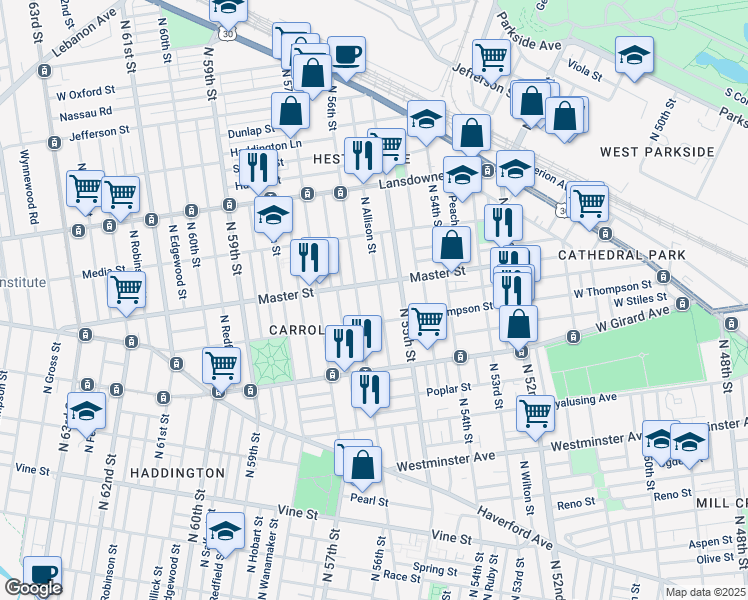 map of restaurants, bars, coffee shops, grocery stores, and more near 1332 North Allison Street in Philadelphia