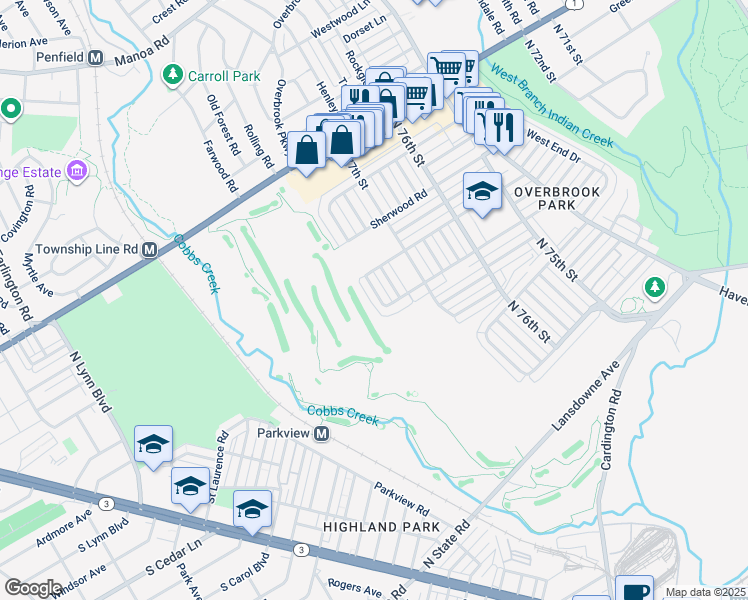 map of restaurants, bars, coffee shops, grocery stores, and more near 1612 Ashurst Road in Philadelphia