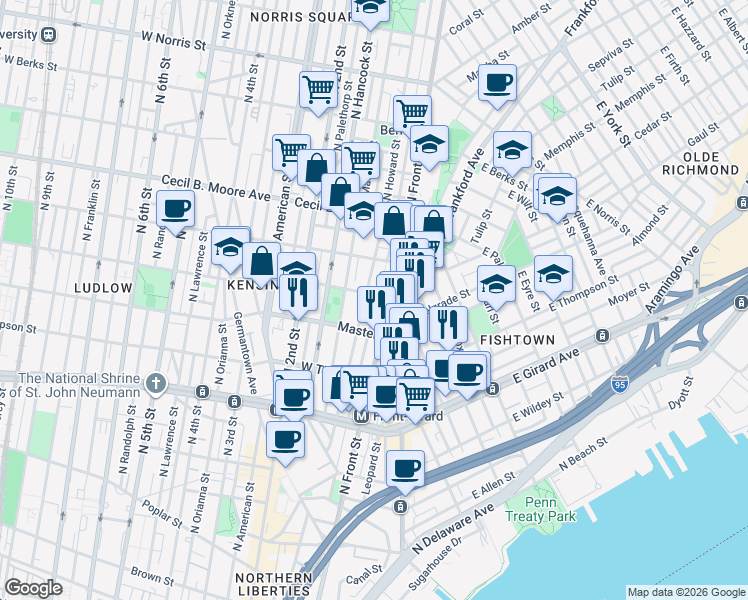 map of restaurants, bars, coffee shops, grocery stores, and more near 100 West Oxford Street in Philadelphia