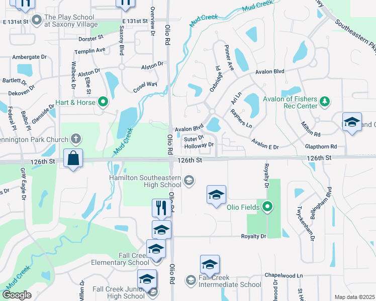 map of restaurants, bars, coffee shops, grocery stores, and more near 12674 Hollice Lane in Fishers