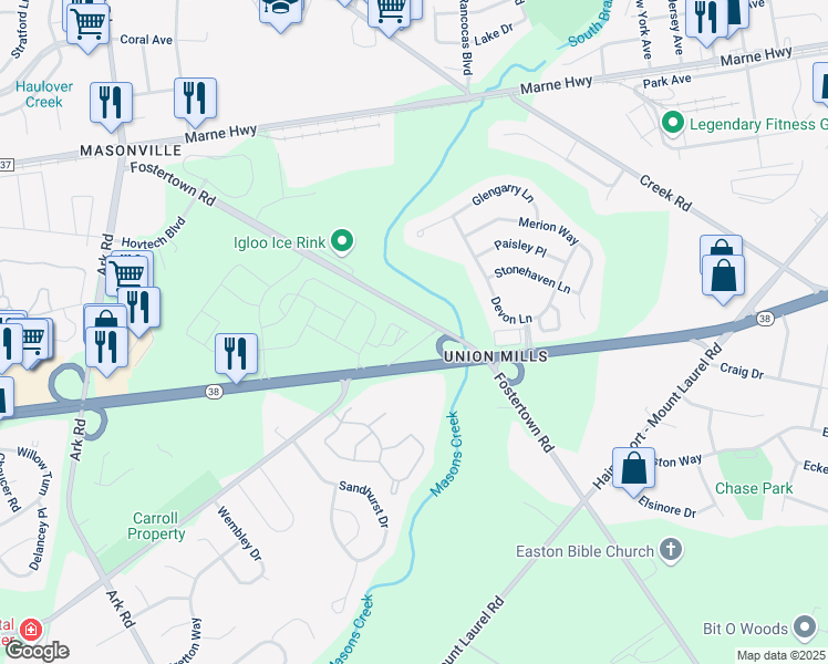 map of restaurants, bars, coffee shops, grocery stores, and more near 3015 Fostertown Road in Mount Laurel Township