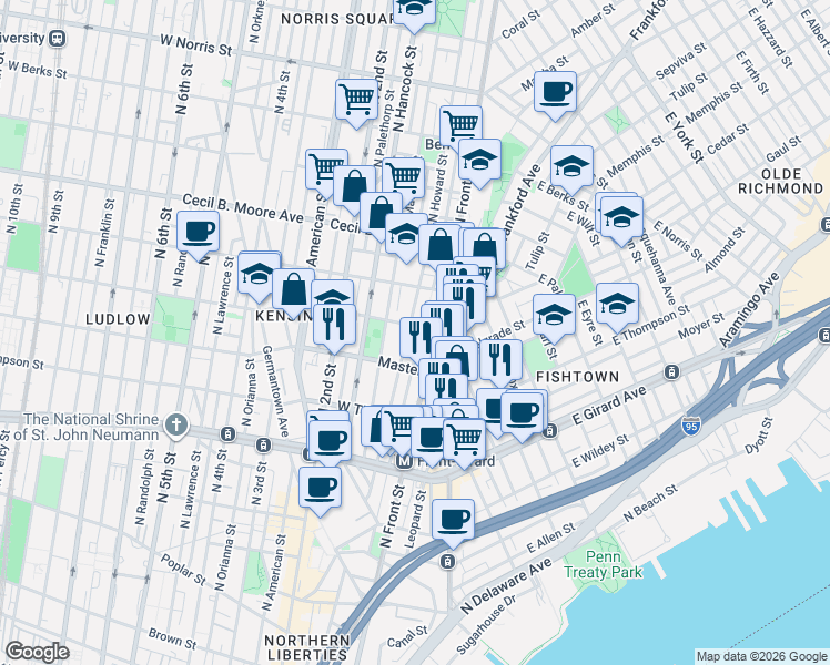 map of restaurants, bars, coffee shops, grocery stores, and more near 100 West Oxford Street in Philadelphia