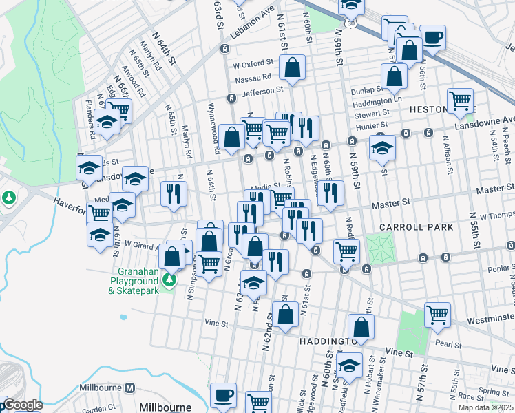 map of restaurants, bars, coffee shops, grocery stores, and more near 1456 North Felton Street in Philadelphia