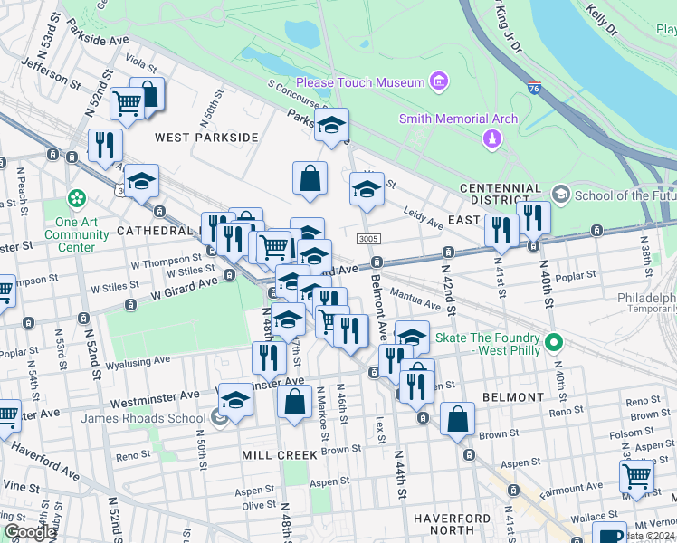 map of restaurants, bars, coffee shops, grocery stores, and more near 4600 West Girard Avenue in Philadelphia