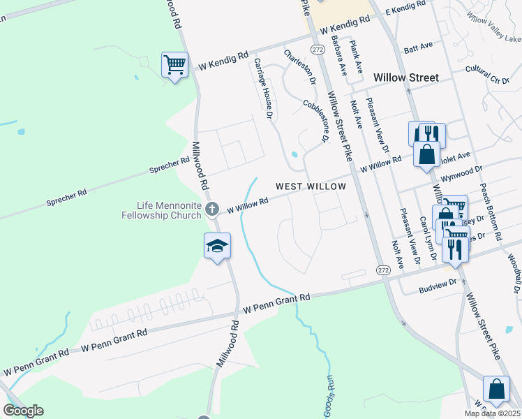 map of restaurants, bars, coffee shops, grocery stores, and more near 167 West Willow Road in Willow Street