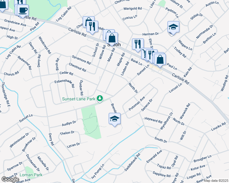 map of restaurants, bars, coffee shops, grocery stores, and more near 2381 Sunset Lane in York