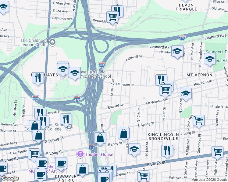 map of restaurants, bars, coffee shops, grocery stores, and more near 841 Atcheson Street in Columbus
