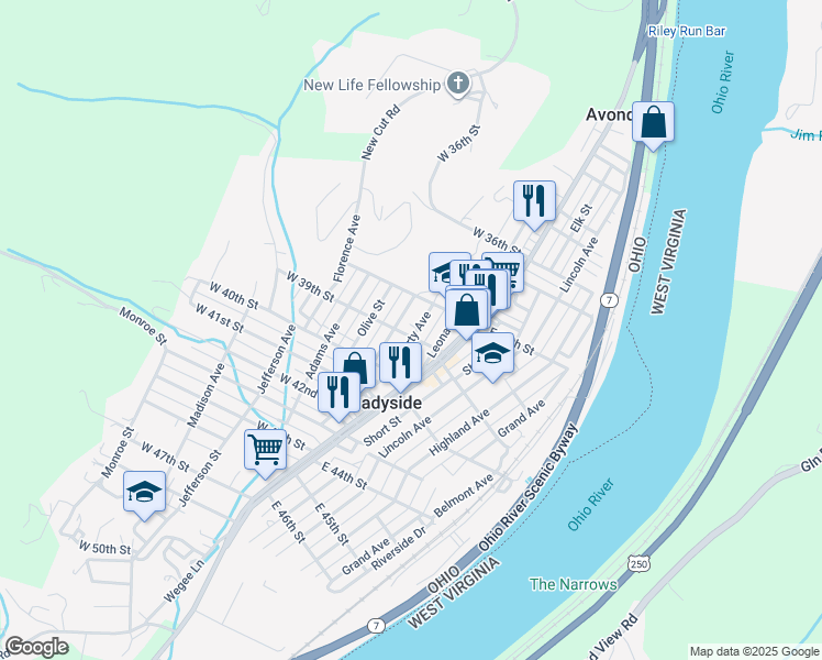 map of restaurants, bars, coffee shops, grocery stores, and more near 3870 Grandview Avenue in Shadyside