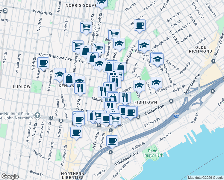 map of restaurants, bars, coffee shops, grocery stores, and more near 100 West Oxford Street in Philadelphia