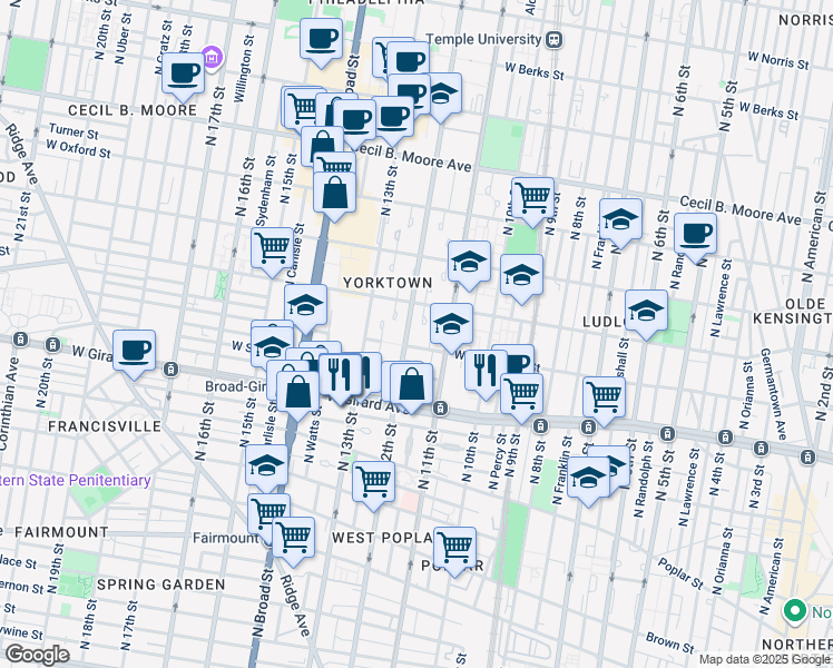 map of restaurants, bars, coffee shops, grocery stores, and more near 1309 North 12th Street in Philadelphia