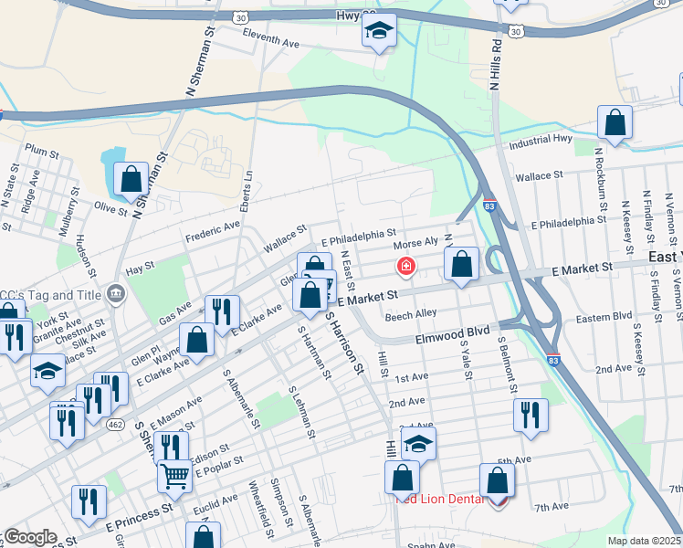 map of restaurants, bars, coffee shops, grocery stores, and more near 56 North East Street in York