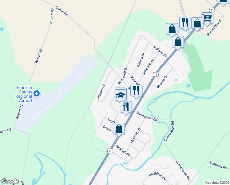 map of restaurants, bars, coffee shops, grocery stores, and more near 2781 Roosevelt Drive in Chambersburg