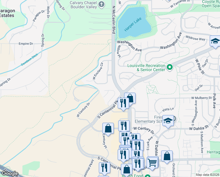 map of restaurants, bars, coffee shops, grocery stores, and more near 1145 West Enclave Circle in Louisville