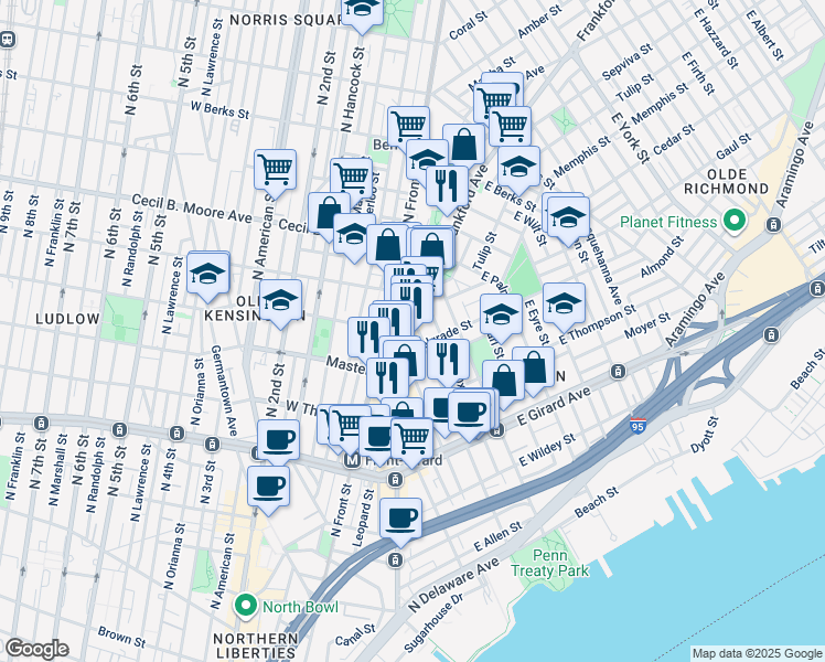 map of restaurants, bars, coffee shops, grocery stores, and more near in Philadelphia