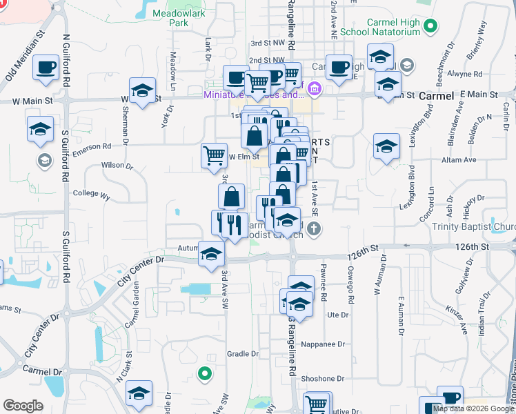map of restaurants, bars, coffee shops, grocery stores, and more near 591 Monon Boulevard in Carmel