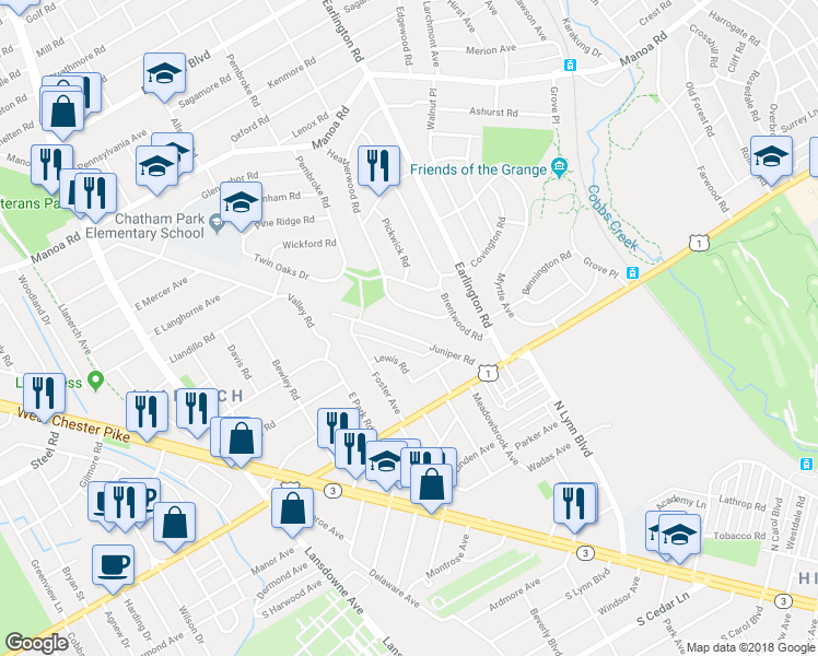 map of restaurants, bars, coffee shops, grocery stores, and more near 143 Juniper Road in Havertown