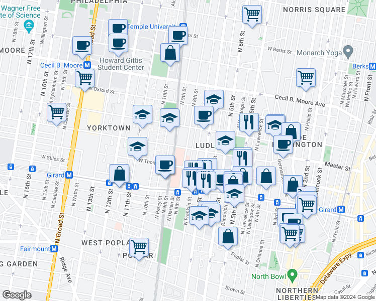 map of restaurants, bars, coffee shops, grocery stores, and more near 1412 North Franklin Street in Philadelphia