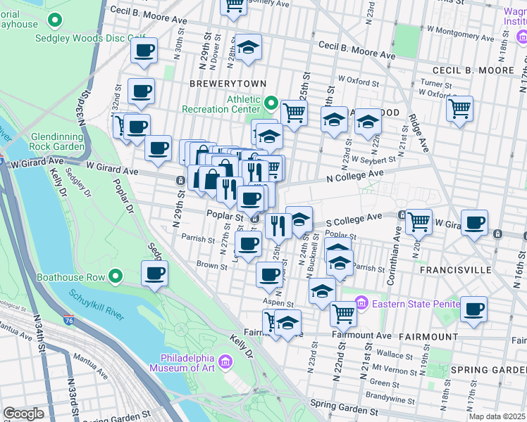 map of restaurants, bars, coffee shops, grocery stores, and more near 918 North Bambrey Street in Philadelphia
