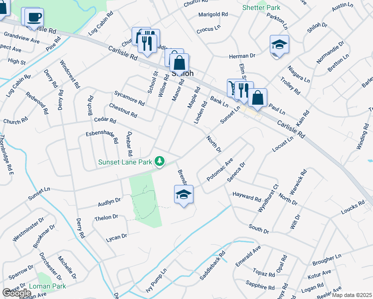 map of restaurants, bars, coffee shops, grocery stores, and more near 2381 Sunset Lane in York