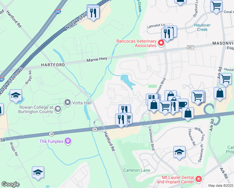 map of restaurants, bars, coffee shops, grocery stores, and more near 2717A Sussex Court in Mount Laurel Township