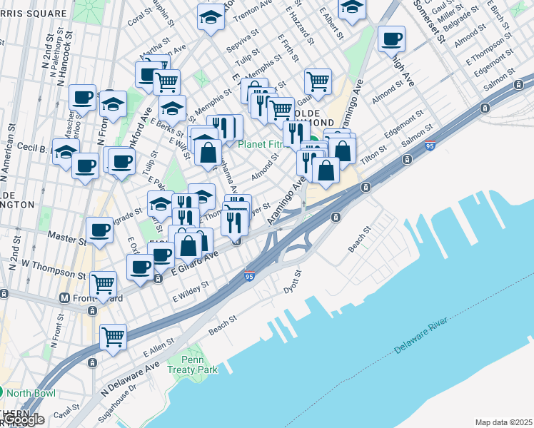 map of restaurants, bars, coffee shops, grocery stores, and more near 1237 East Fletcher Street in Philadelphia