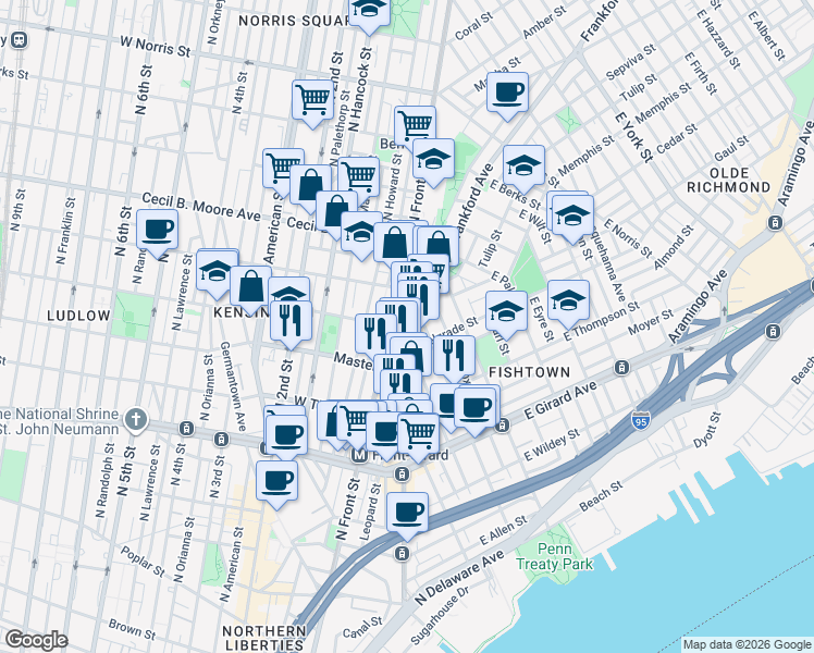 map of restaurants, bars, coffee shops, grocery stores, and more near 100 West Oxford Street in Philadelphia