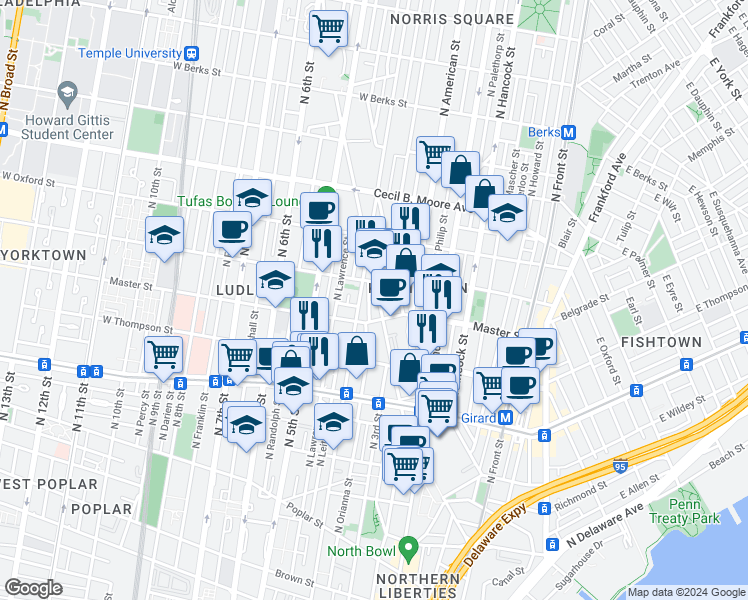 map of restaurants, bars, coffee shops, grocery stores, and more near 1442 North 4th Street in Philadelphia
