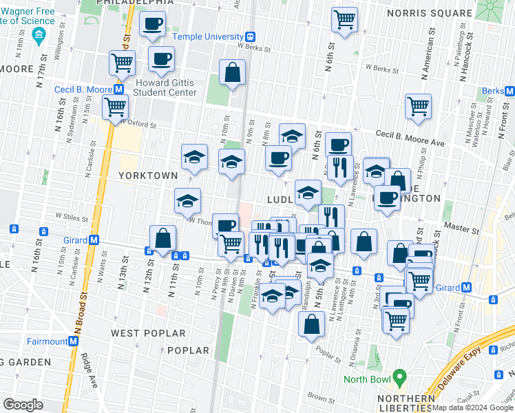 map of restaurants, bars, coffee shops, grocery stores, and more near 1412 North Franklin Street in Philadelphia