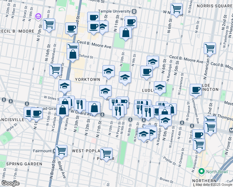 map of restaurants, bars, coffee shops, grocery stores, and more near 1411 North Hutchinson Street in Philadelphia