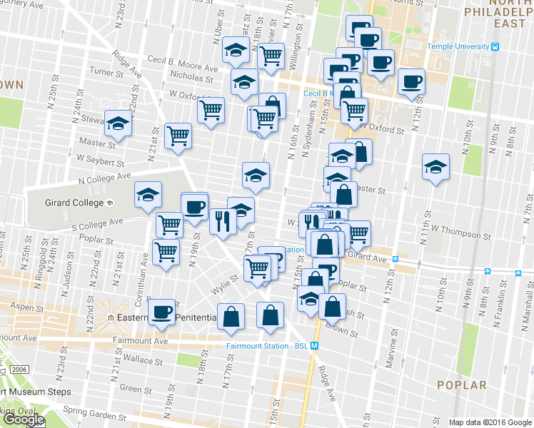 map of restaurants, bars, coffee shops, grocery stores, and more near 1631 West Cabot Street in Philadelphia