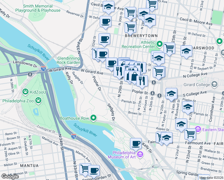 map of restaurants, bars, coffee shops, grocery stores, and more near in Philadelphia
