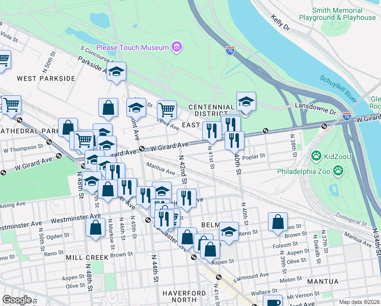 map of restaurants, bars, coffee shops, grocery stores, and more near 4141 West Girard Avenue in Philadelphia