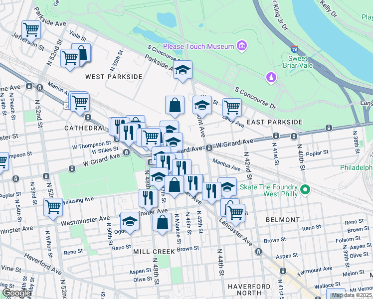 map of restaurants, bars, coffee shops, grocery stores, and more near 4545 West Girard Avenue in Philadelphia
