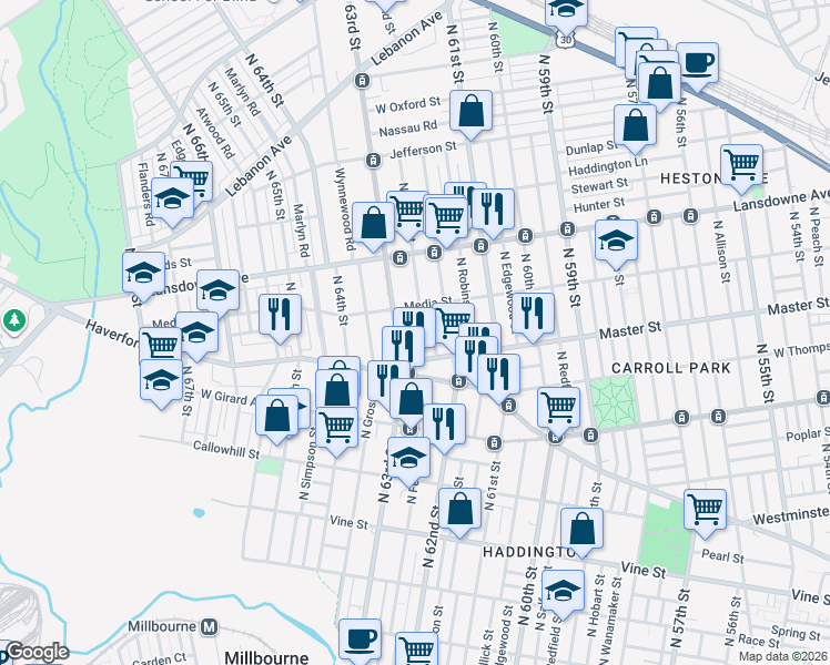 map of restaurants, bars, coffee shops, grocery stores, and more near 1456 North Felton Street in Philadelphia