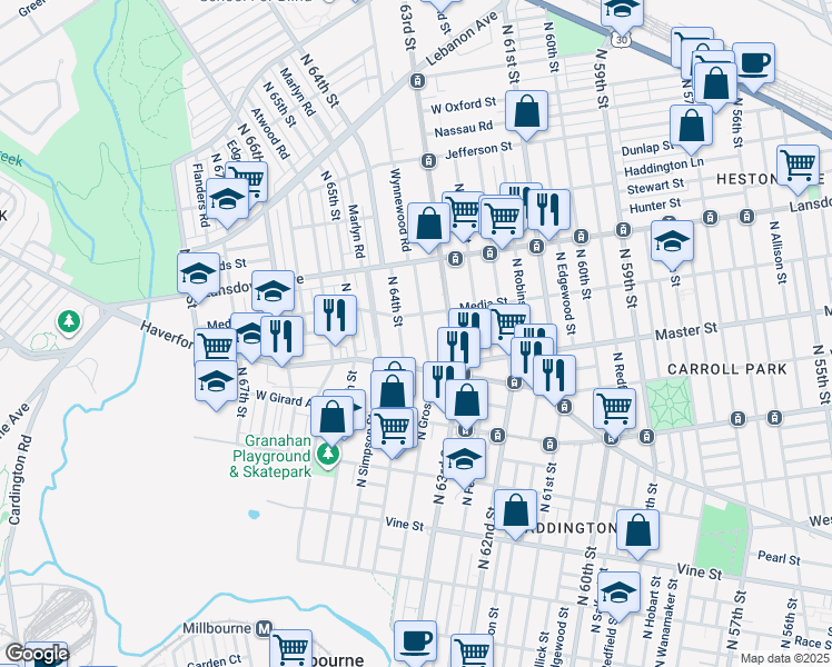 map of restaurants, bars, coffee shops, grocery stores, and more near 639 Wynnewood Road in Philadelphia