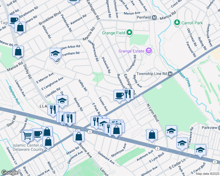 map of restaurants, bars, coffee shops, grocery stores, and more near 143 Juniper Road in Havertown