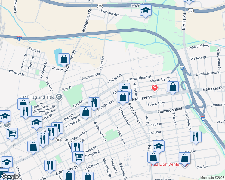 map of restaurants, bars, coffee shops, grocery stores, and more near 1205 East Philadelphia Street in York